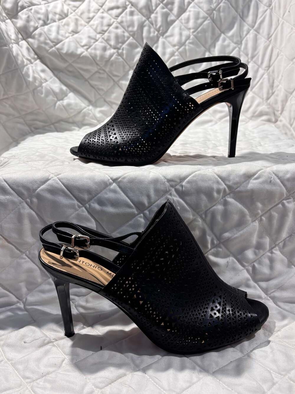 Antonio Melani Black Perforated Leather Peep-Toe Slingback Stiletto Heels